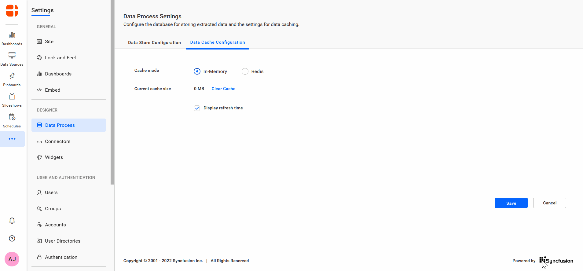 Configure Data Cache under Dashboard Data Process Settings in the Server
