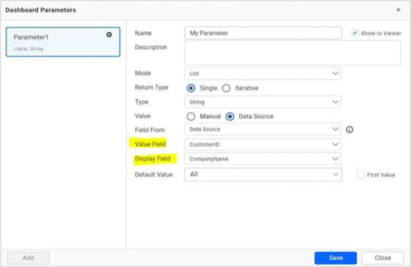 Display and Value Text in Dashboard Parameters