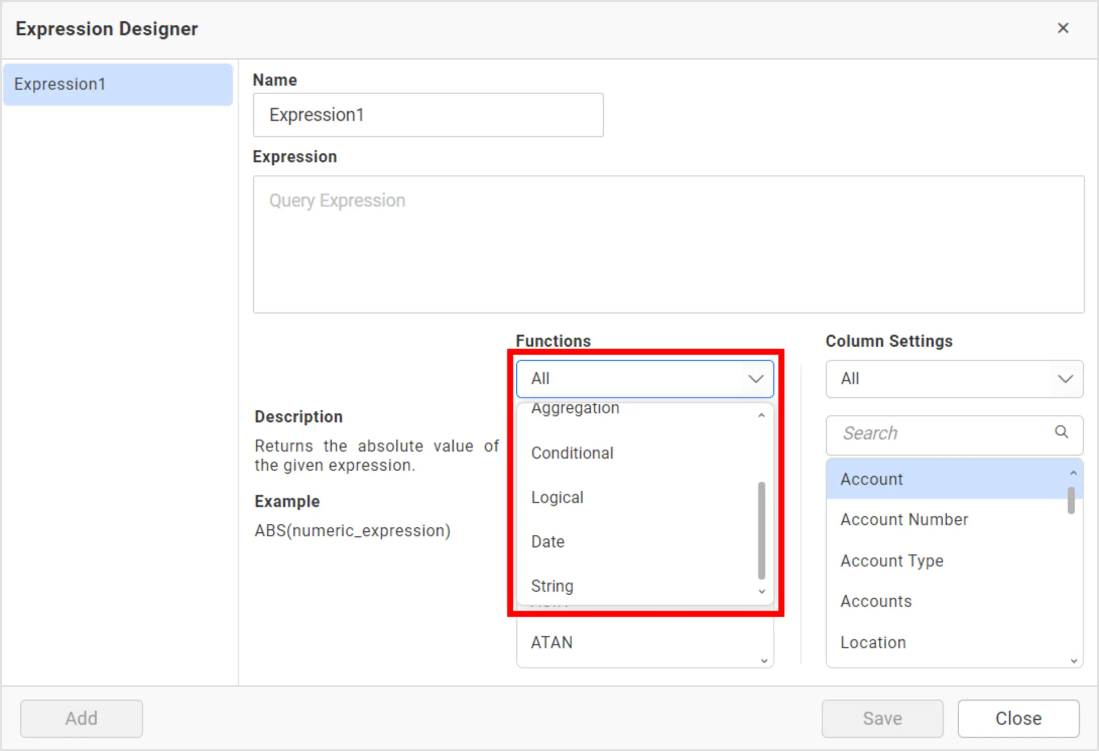 SSAS-Supported Expressions Listed in Expression Designer