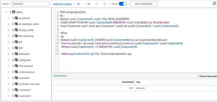 Data Source Designer View Supporting the WITH Clause in Code View