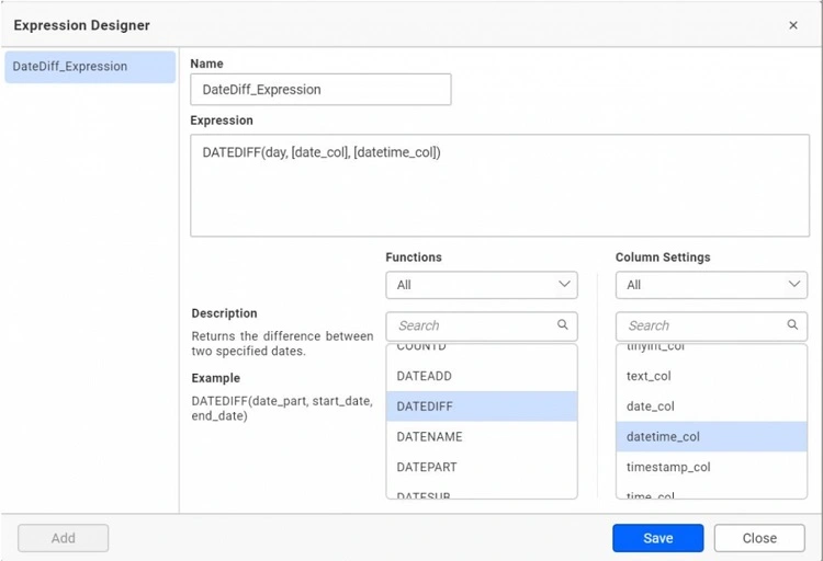 Expression Designer View Supporting the DateDiff Expression