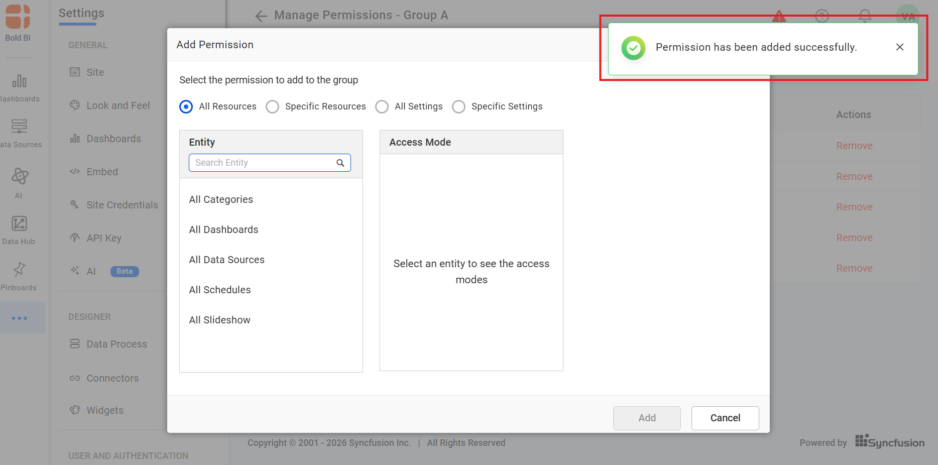 Permission added successfully