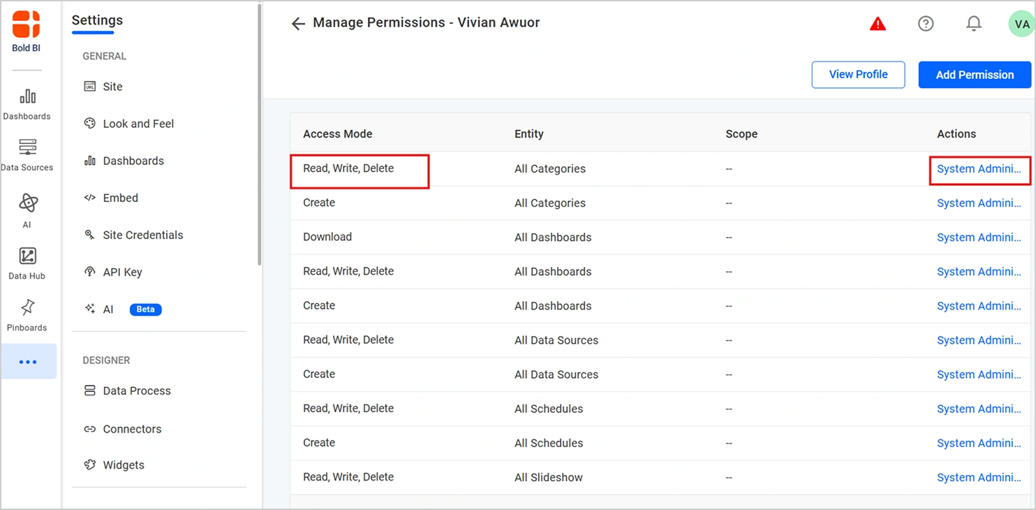 Select needed permission type