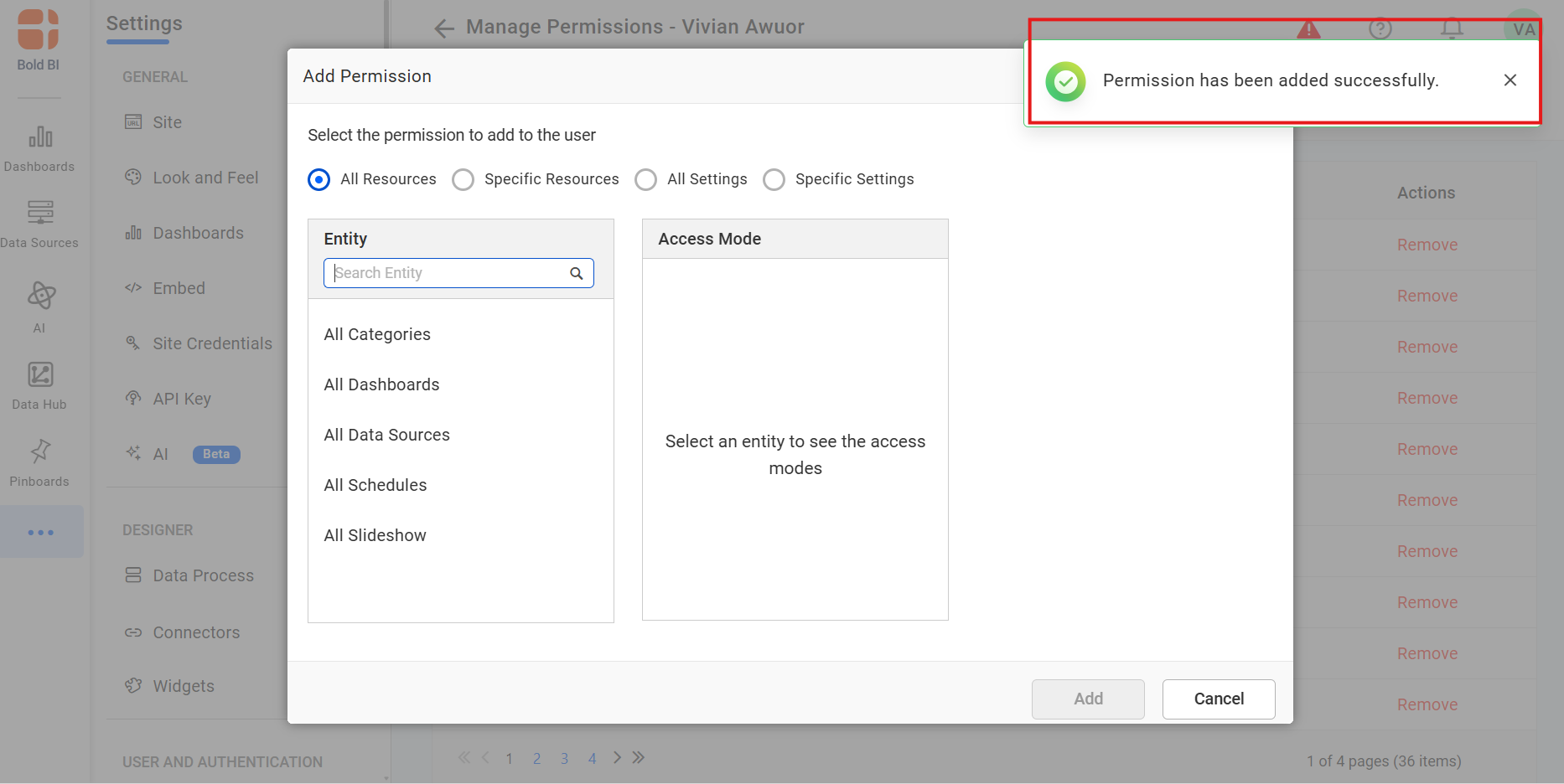 Permission added successfully