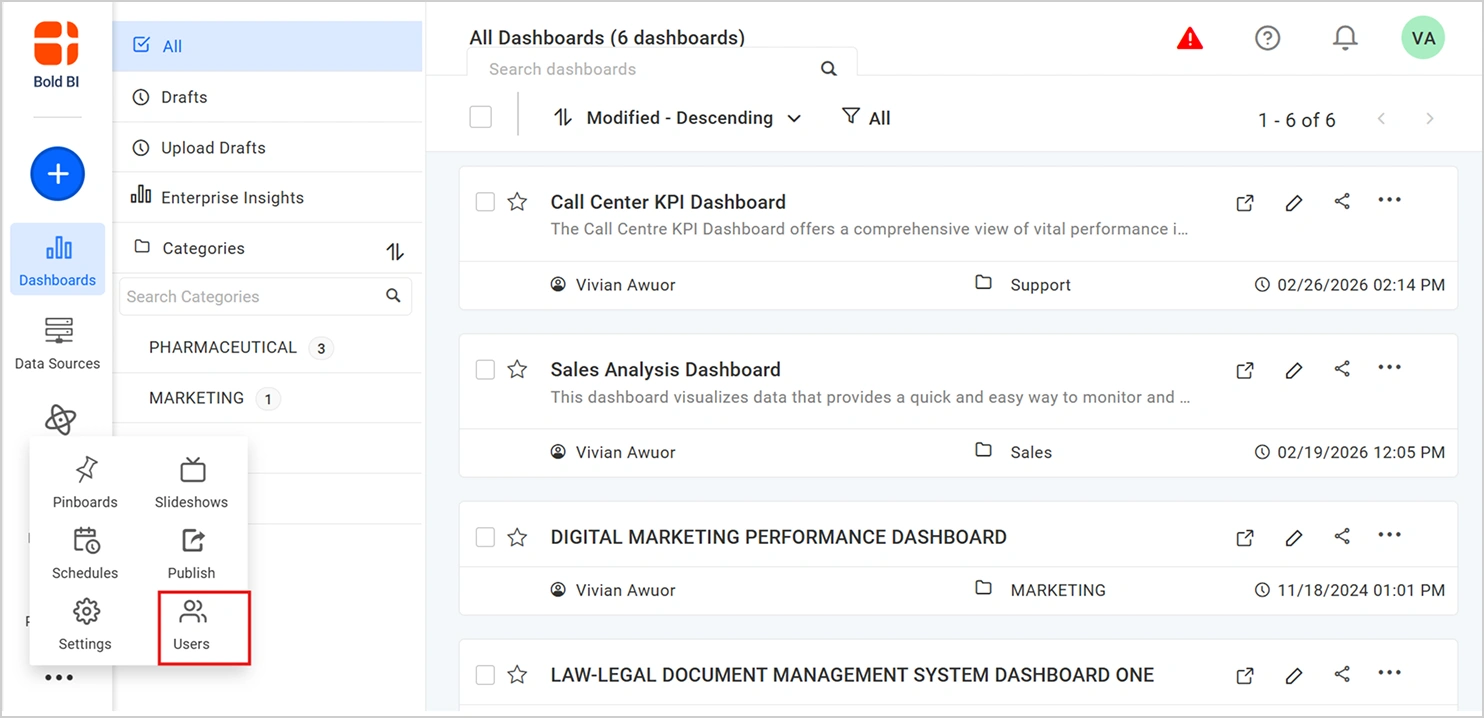 Select users option from Bold BI dashboard home page