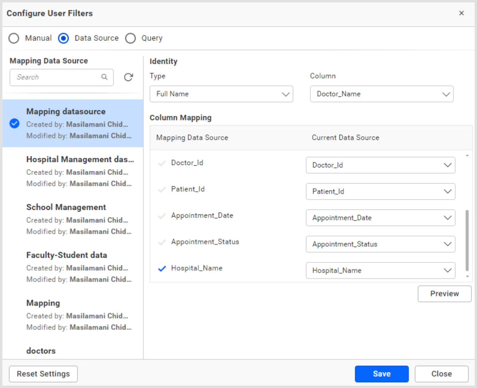 Configuring User Filter in Data Source Mode