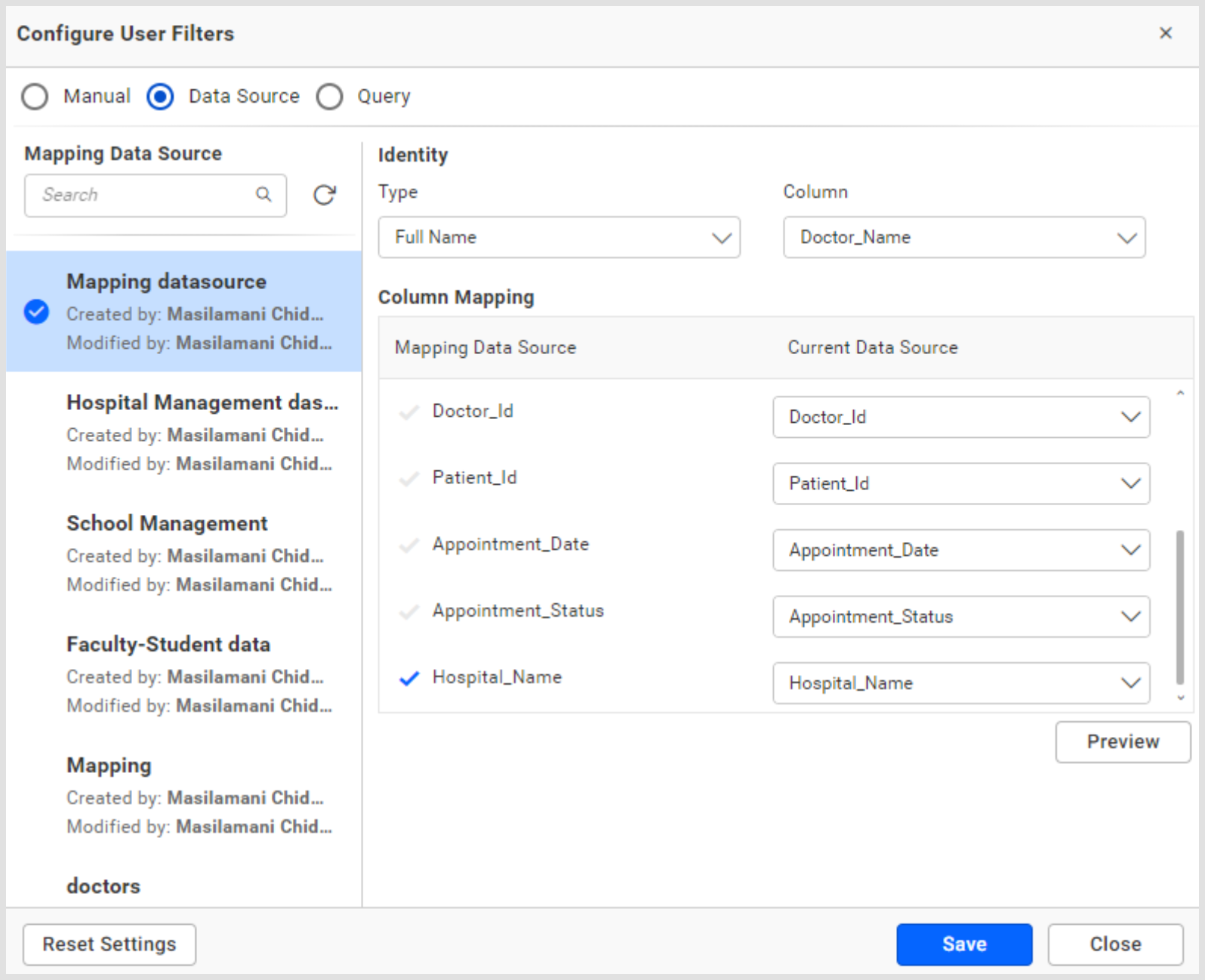Configuring User Filter in Data Source Mode