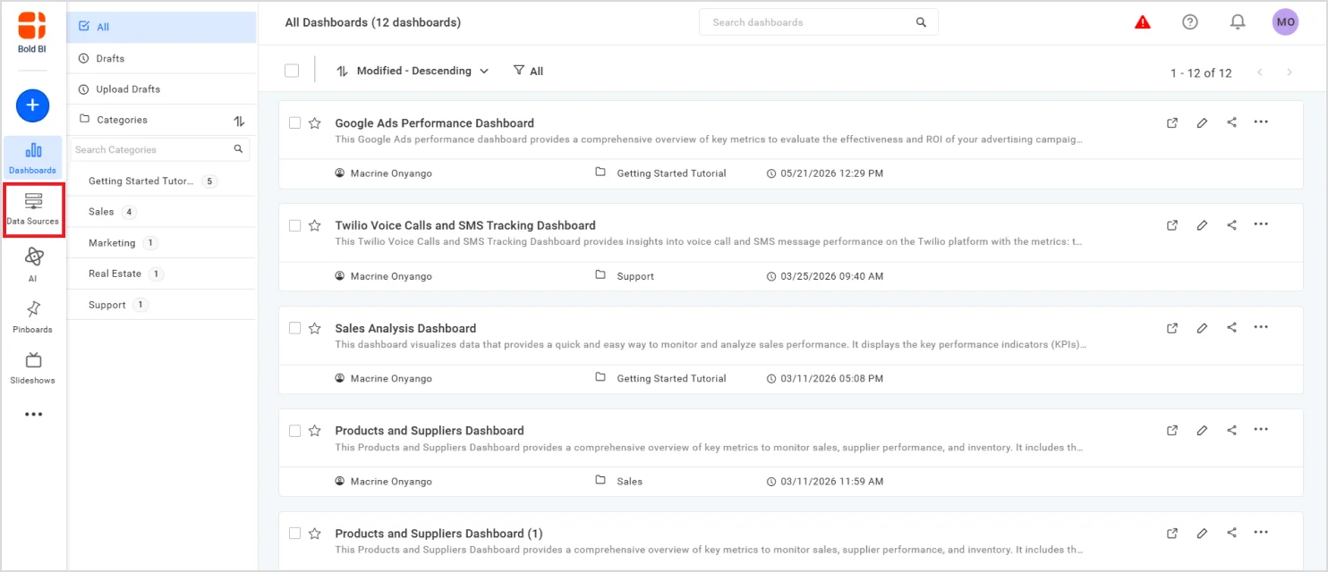 Access the Data Sources page from the left navigation panel