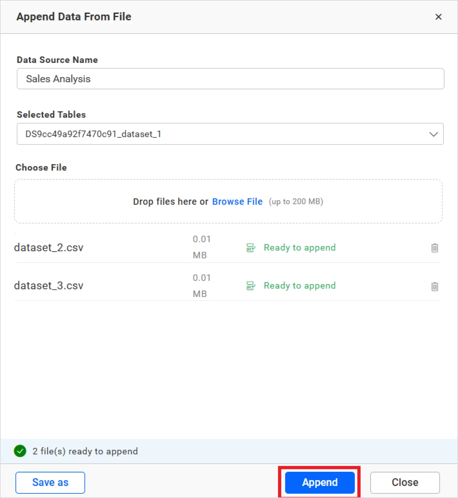 Upload and append additional CSV files to the dataset
