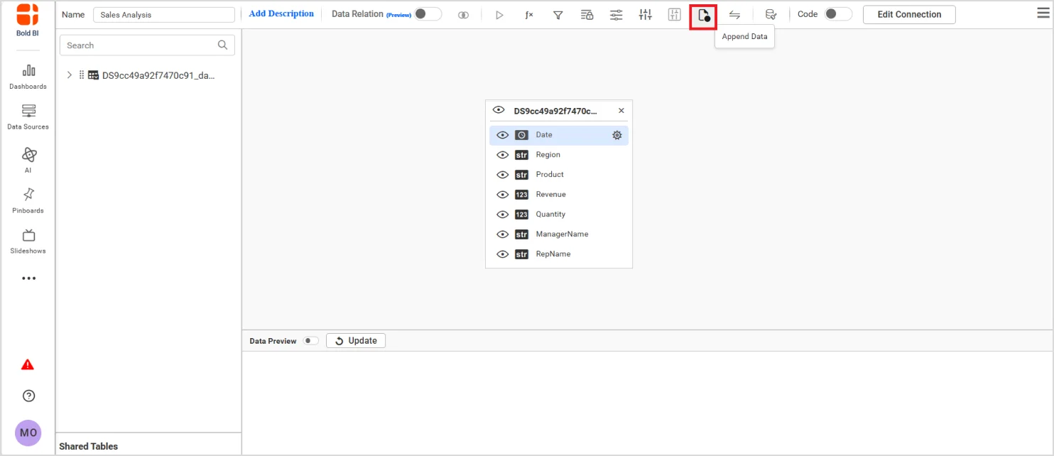 Use the Append Data option to merge additional CSV files