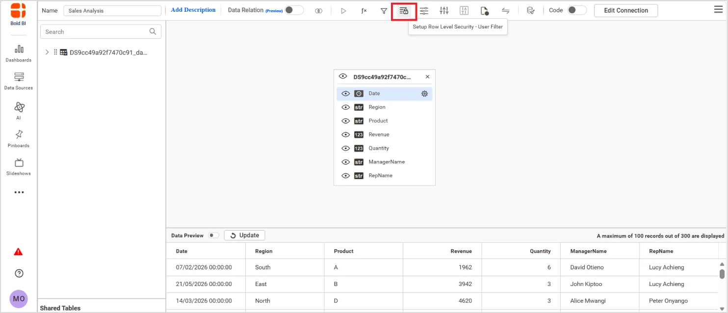Use the row-level security option to configure data access rules
