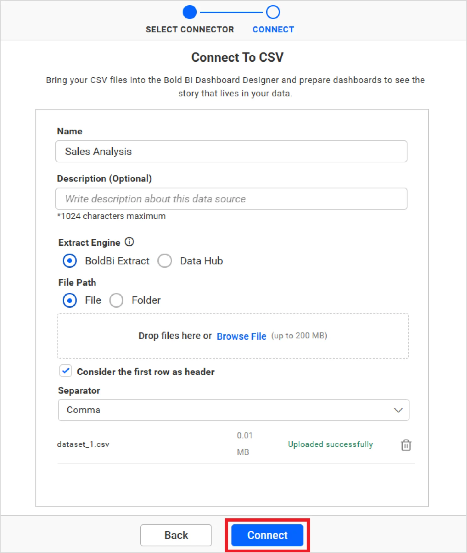 Upload your CSV file and configure the data source