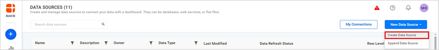 Create a new data source from the Data Sources page