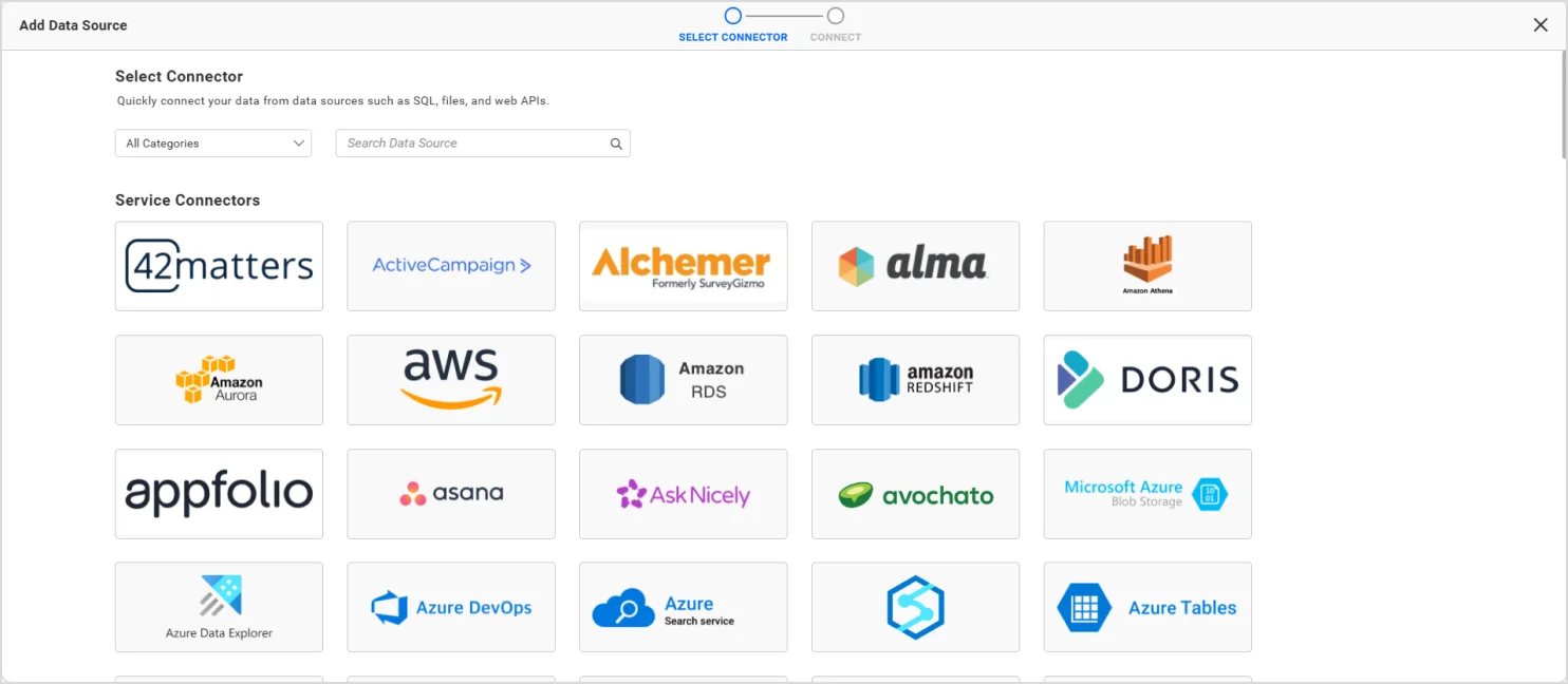 Browse available connectors in the data source selection panel