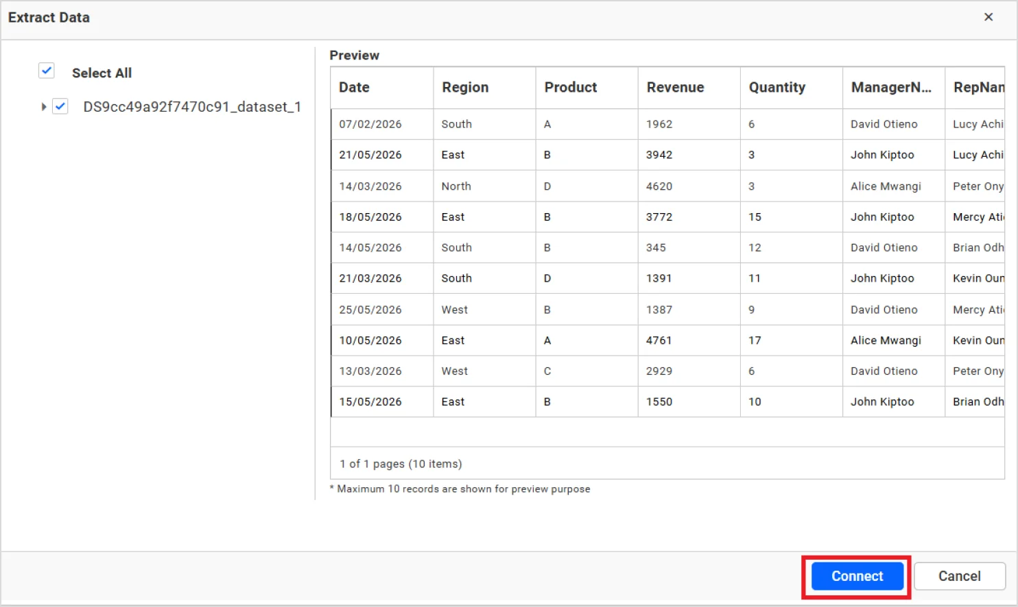 Preview the dataset and click Connect to create the data source