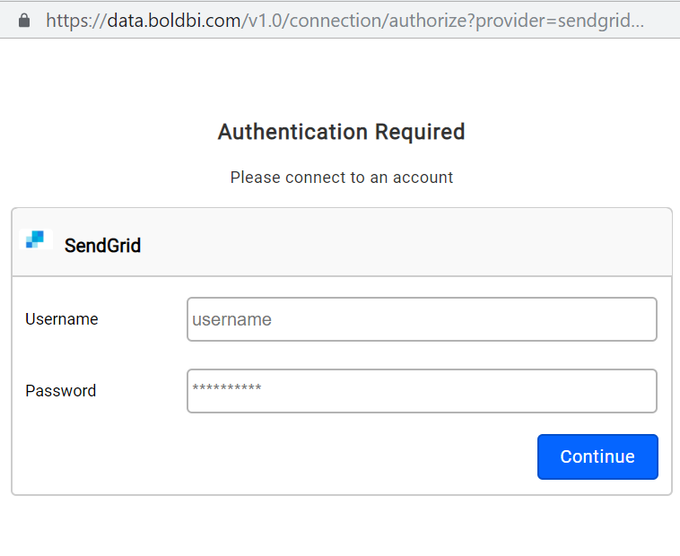 Authorization page for SendGrid connection