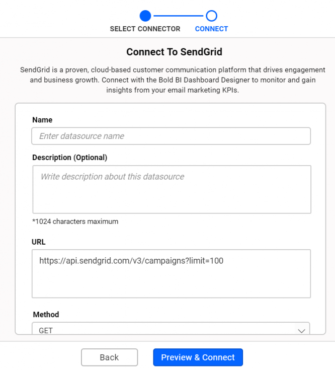 Default view of Create Data Source window for SendGrid connection