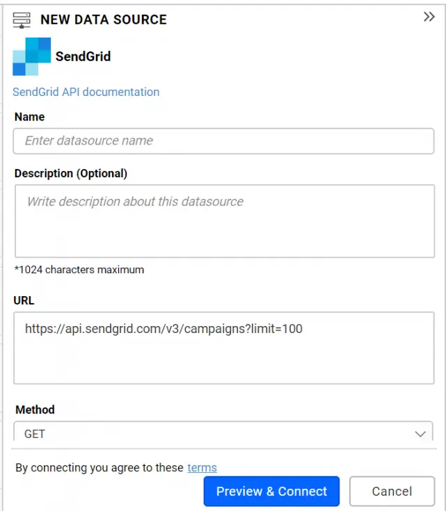 Default view of SendGrid Data Source window