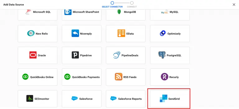 Highlighted view of SendGrid connector in Create Data Source window