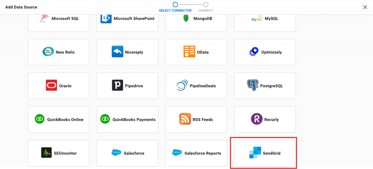 Highlighted view of SendGrid connector in Create Data Source window