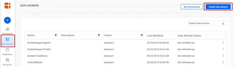 Highlighted view of supported data connections in homepage