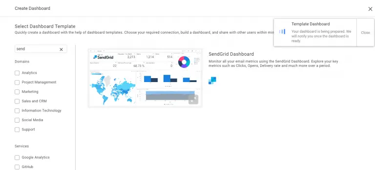 SendGrid Dashboard template with notification banner showing progress