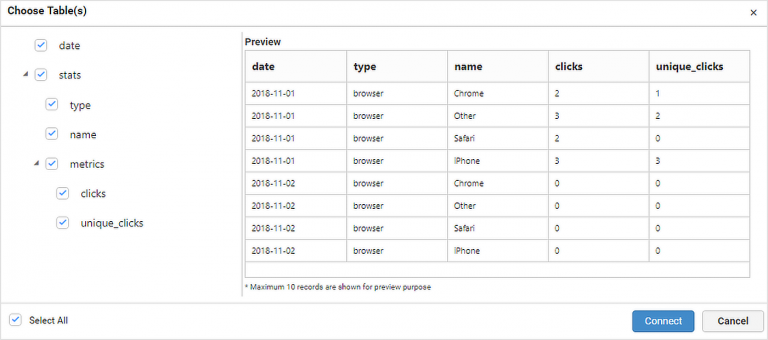 Table schema preview window