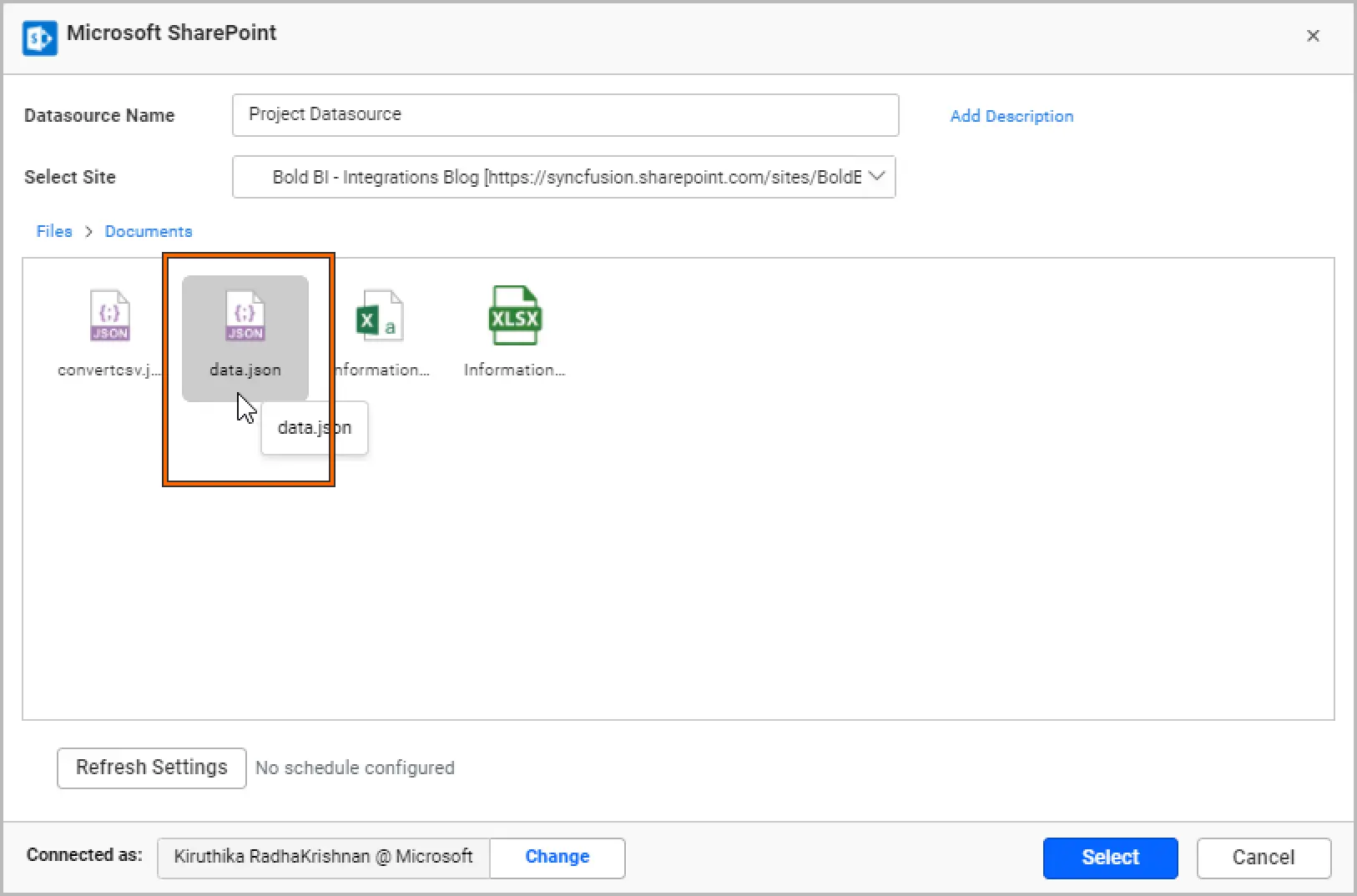 Window for choosing a SharePoint file