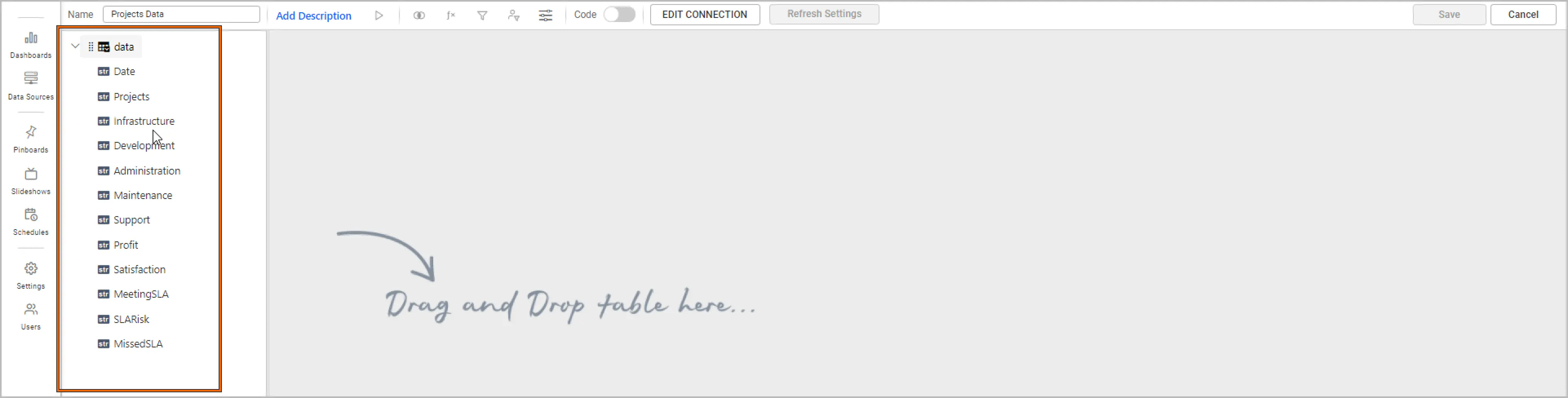 Data source editing window in Bold BI