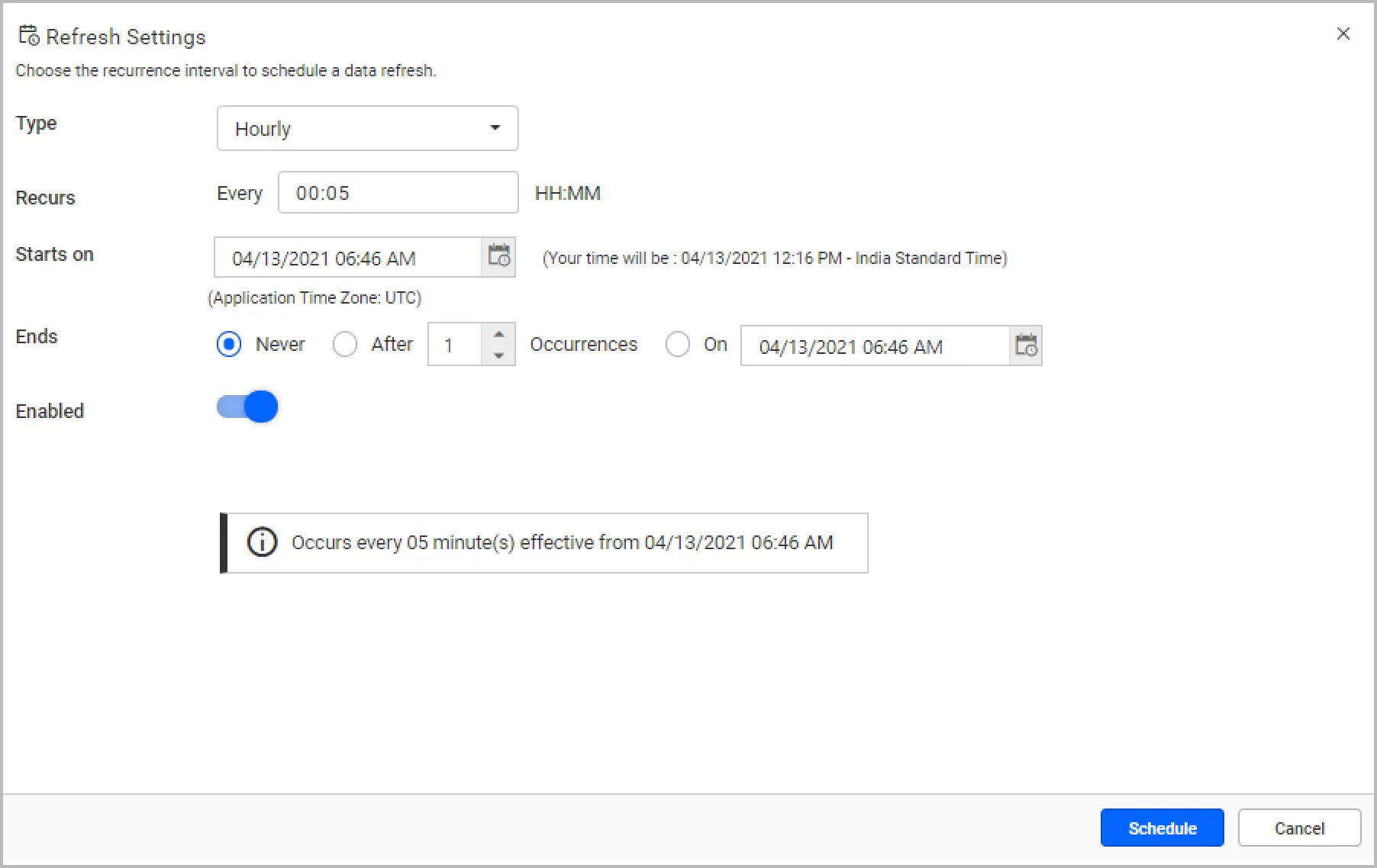 Refresh Settings window