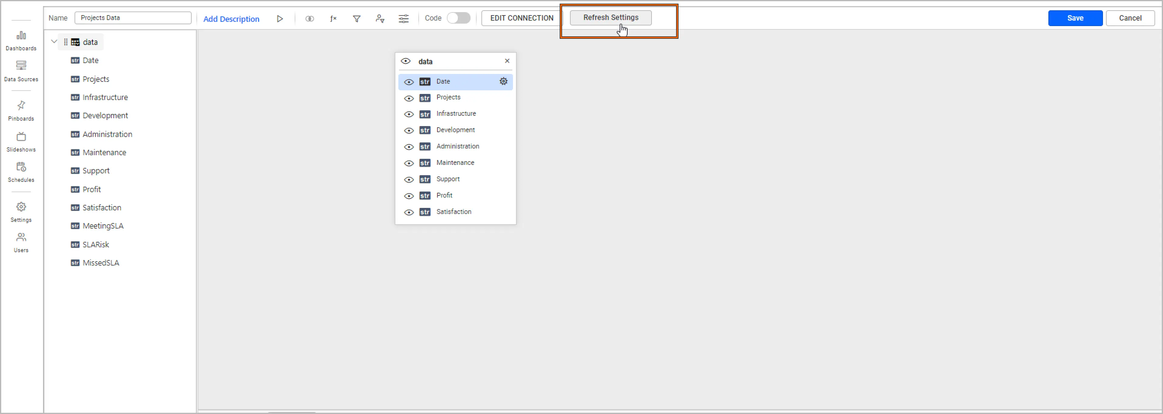 Data source editing page – refresh settings