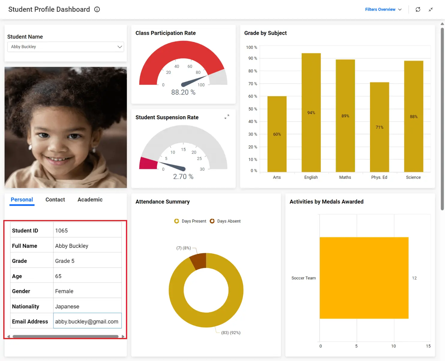 Text Widget in Student Profile Dashboard