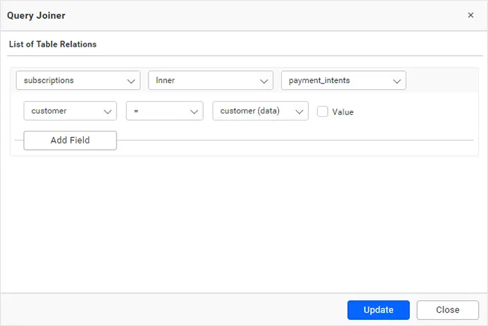 The join editor showing opportunity table relationships