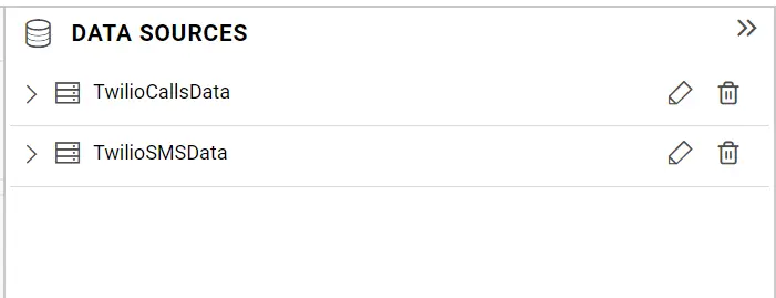 DATA SOURCES panel listing Twilio data sources