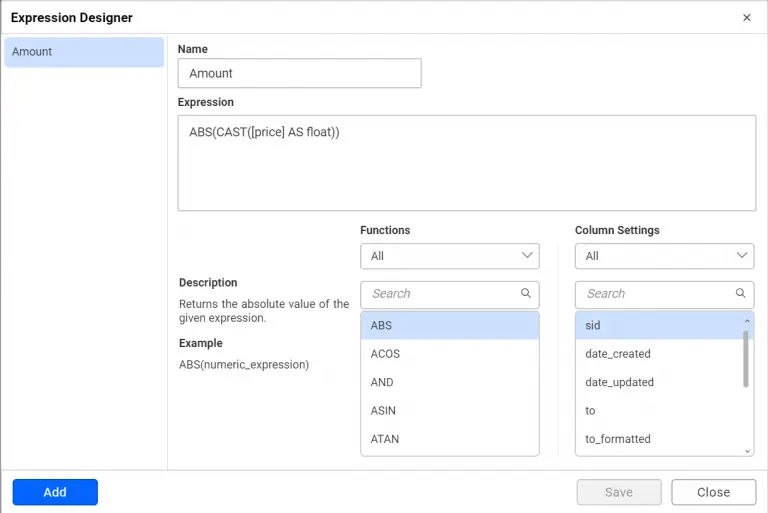 Expression editor showing expression column created for TwilioCallsData data source