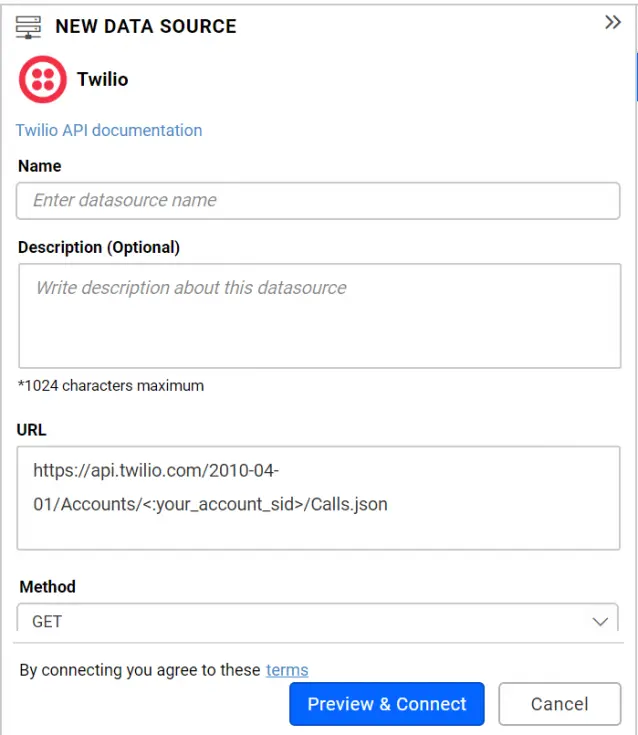 New Twilio Data source Window