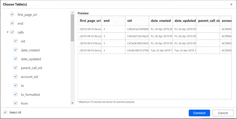 Preview window showing calls detail