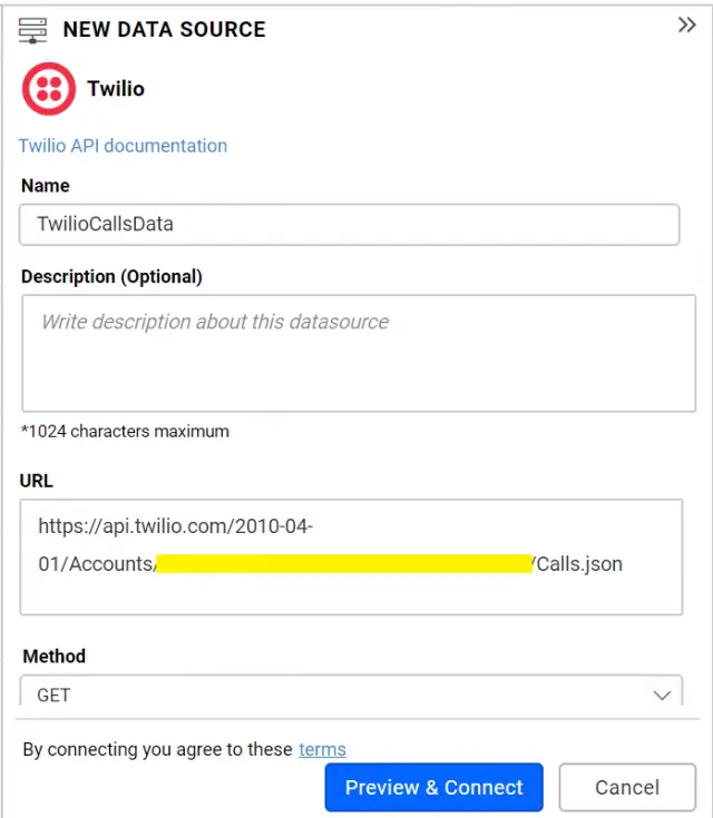 Twilio data source window with details filled