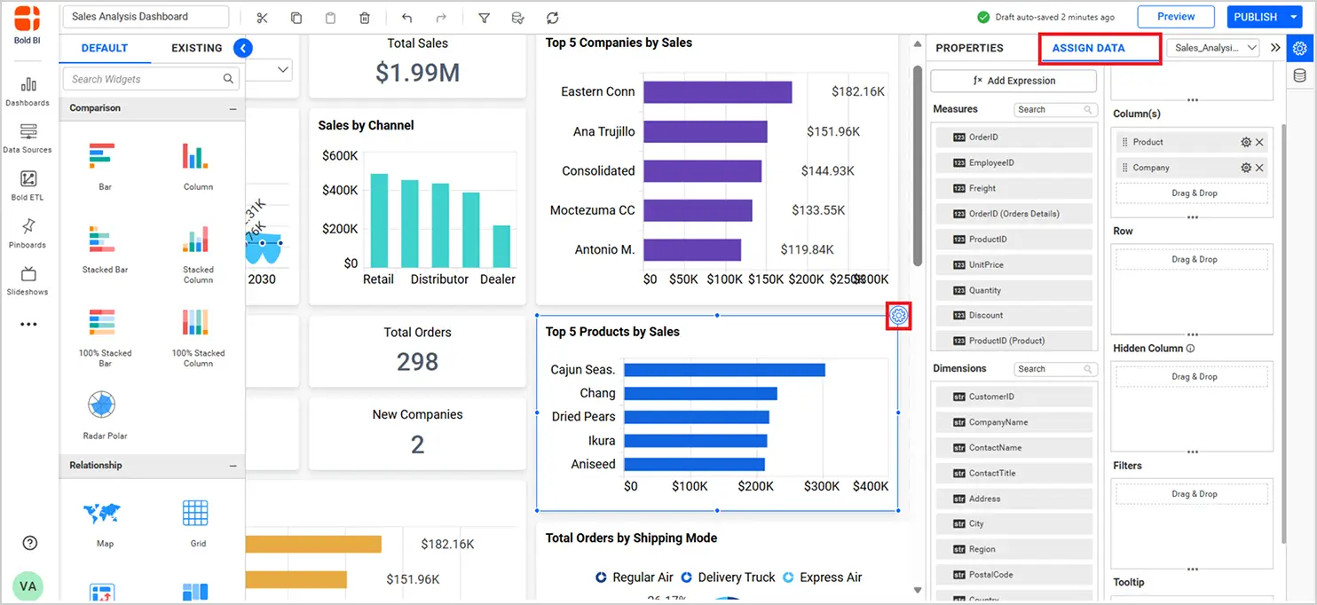 Click on the properties icon to assign data