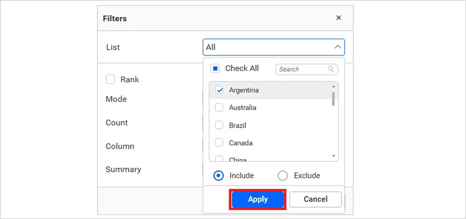 Applying condition in the widget filter dialog