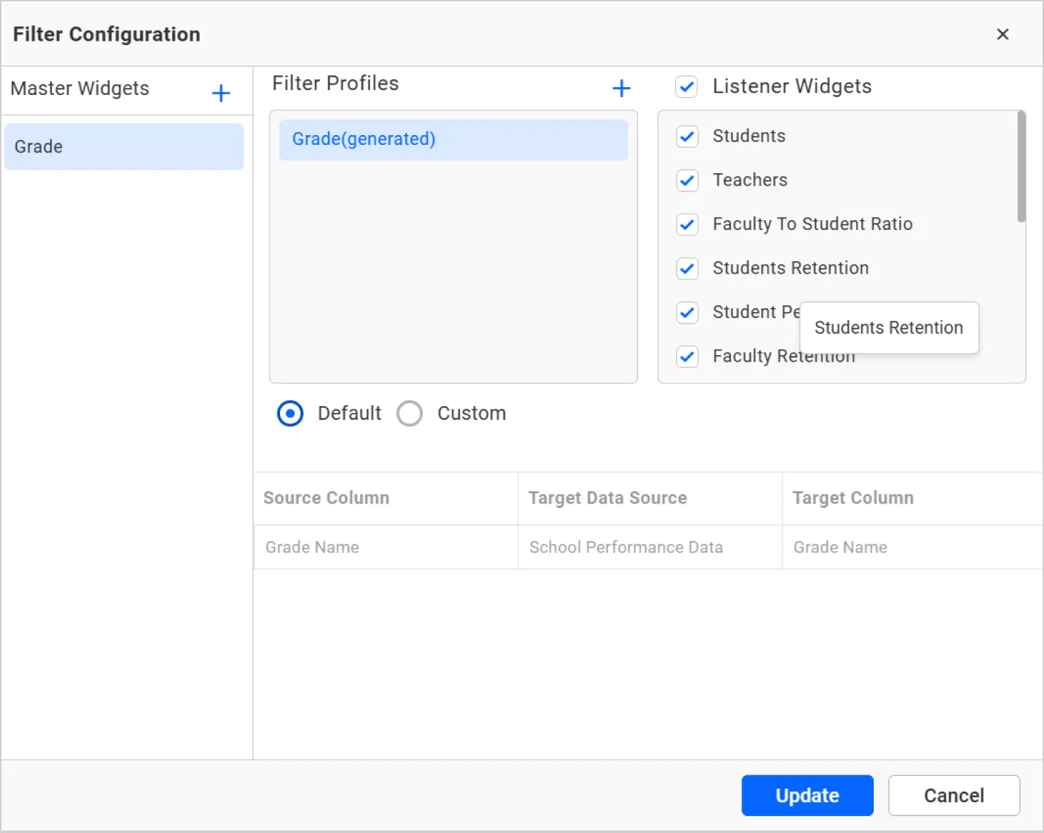 Selecting the master and listener widgets