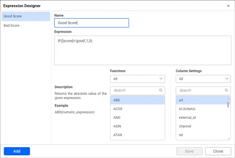 Expression editor with columns created for ZendeskSupportAgents data source