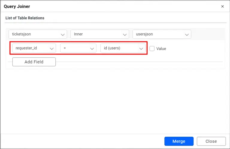 Join editor showing tables mapped with related fields