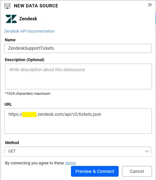 A data source named ZendeskSupportTickets