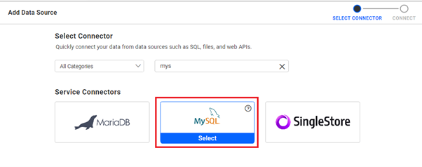 Select the MySQL Connector to connect to MySQL