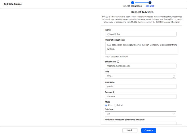 Fill the needed information to connect to MySQL.