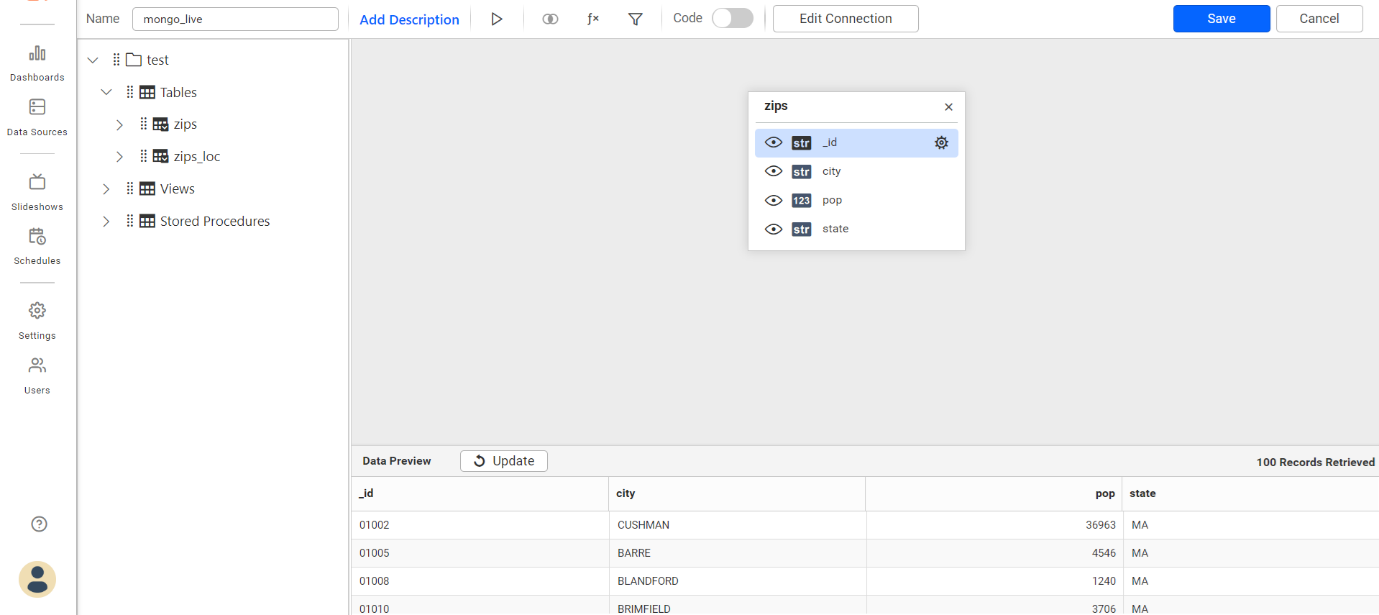 Your database and collections from MongoDB will now be available in Bold BI