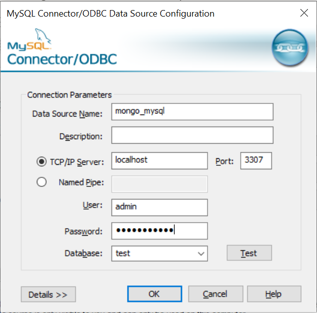 Connector details in MYSQL ODBC driver.