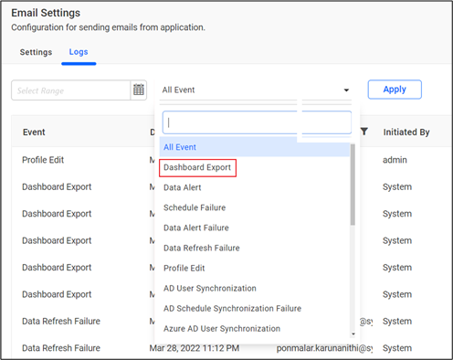 Email Event drop-down 