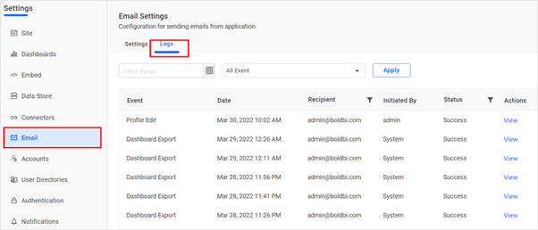Email Settings Logs